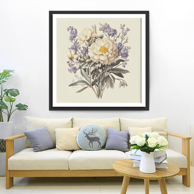 Chrysanthèmes Blancs et Fleurs Violettes Broderie Diamant
