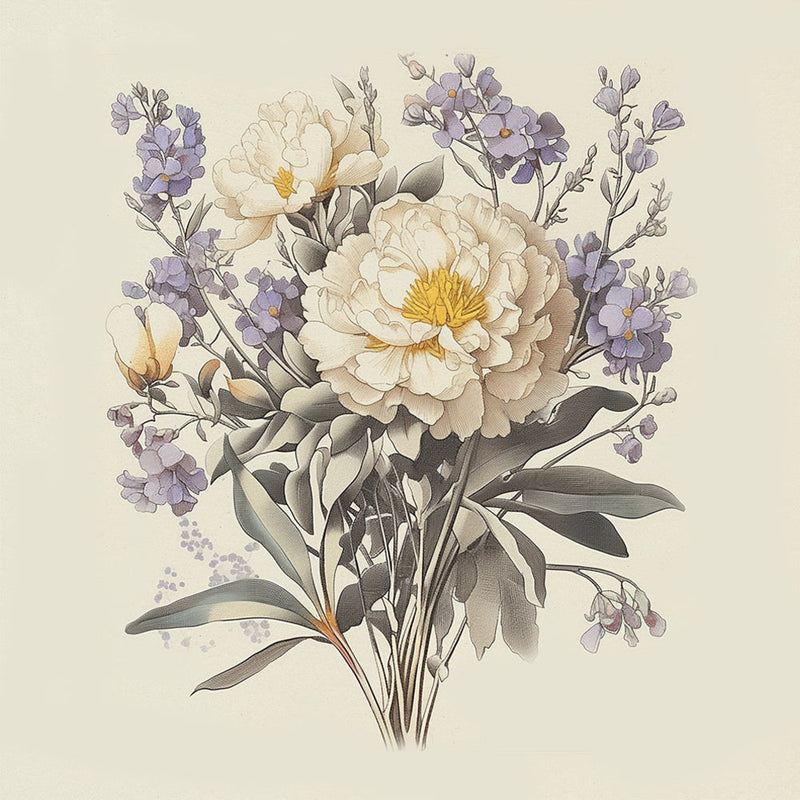 Chrysanthèmes Blancs et Fleurs Violettes Broderie Diamant