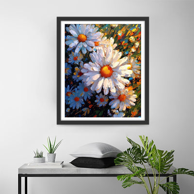 Chrysanthèmes Blancs sous le Soleil Broderie Diamant