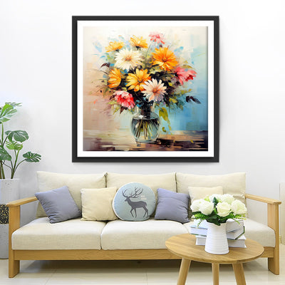 Chrysanthèmes Colorés dans un Vase en Verre Broderie Diamant