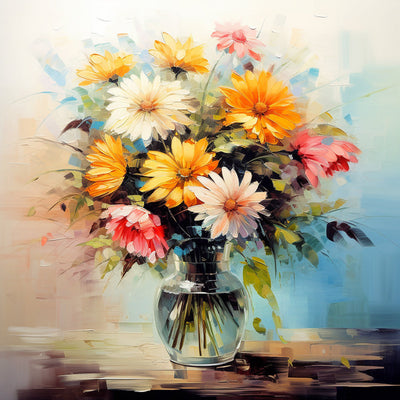 Chrysanthèmes Colorés dans un Vase en Verre Broderie Diamant