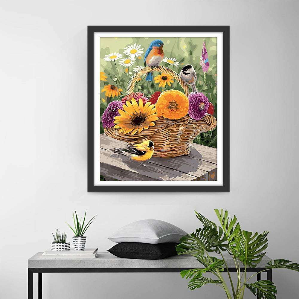 Chrysanthèmes Colorés et Oiseaux dans le Panier Broderie Diamant