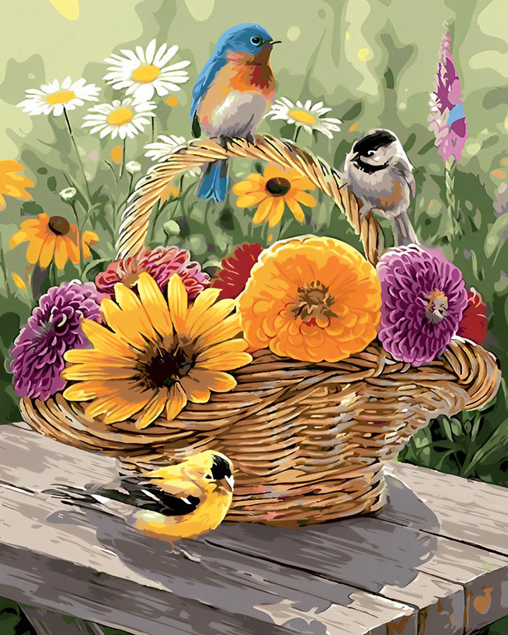 Chrysanthèmes Colorés et Oiseaux dans le Panier Broderie Diamant