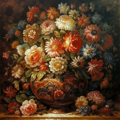 Chrysanthèmes Luxuriants dans un Vase Vintage Orne Broderie Diamant
