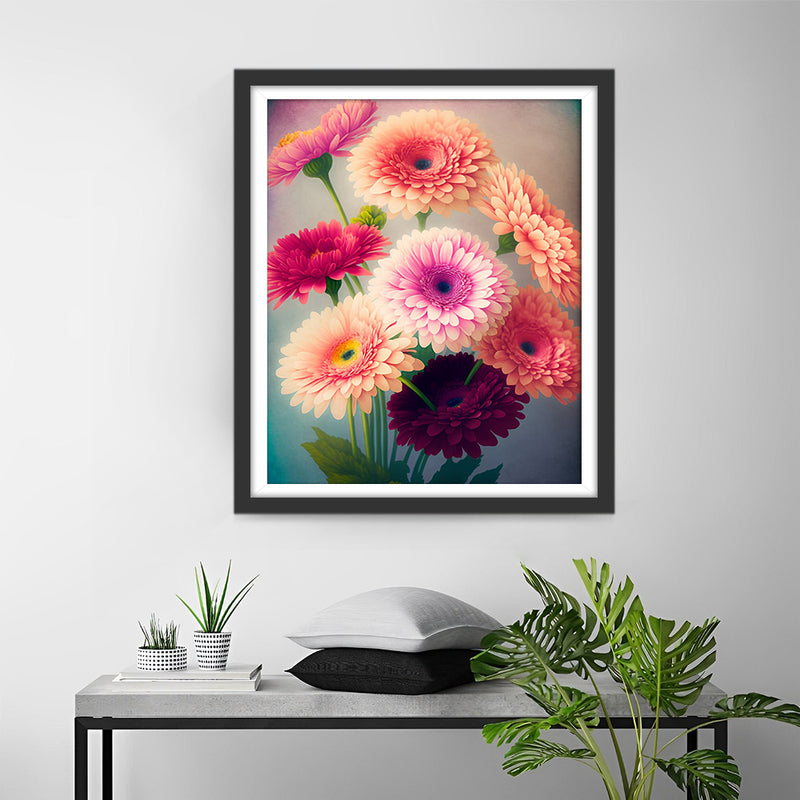 Chrysanthèmes Roses et Rouges Broderie Diamant