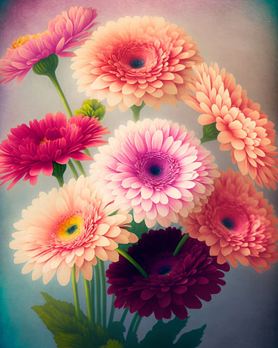 Chrysanthèmes Roses et Rouges Broderie Diamant