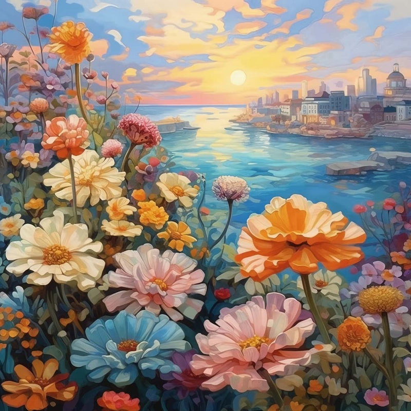 Chrysanthèmes sur la Rive de la Rivière de la Ville Broderie Diamant