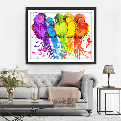 Cinq Perroquets Colorés Broderie Diamant