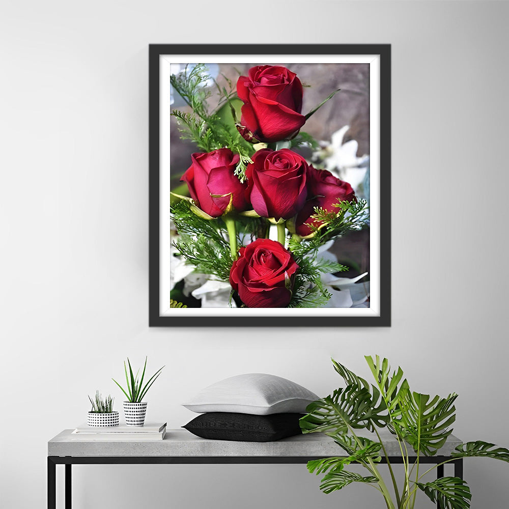 Cinq Roses Rouges Broderie Diamant