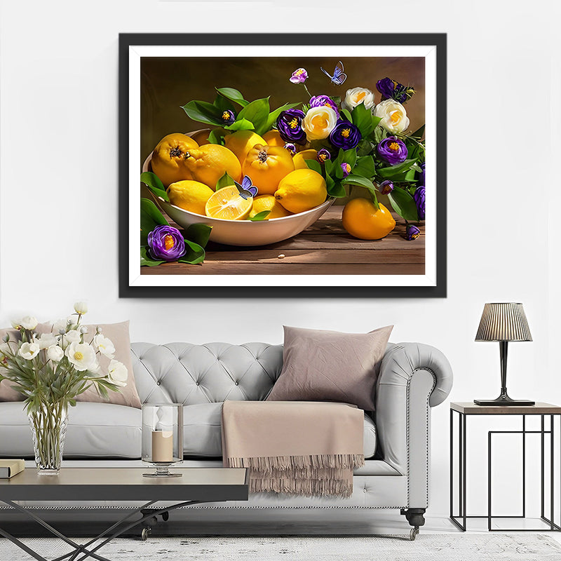 Citrons et Fleurs Violettes Broderie Diamant