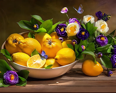 Citrons et Fleurs Violettes Broderie Diamant