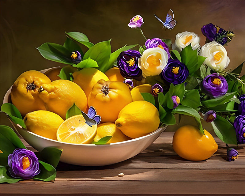 Citrons et Fleurs Violettes Broderie Diamant