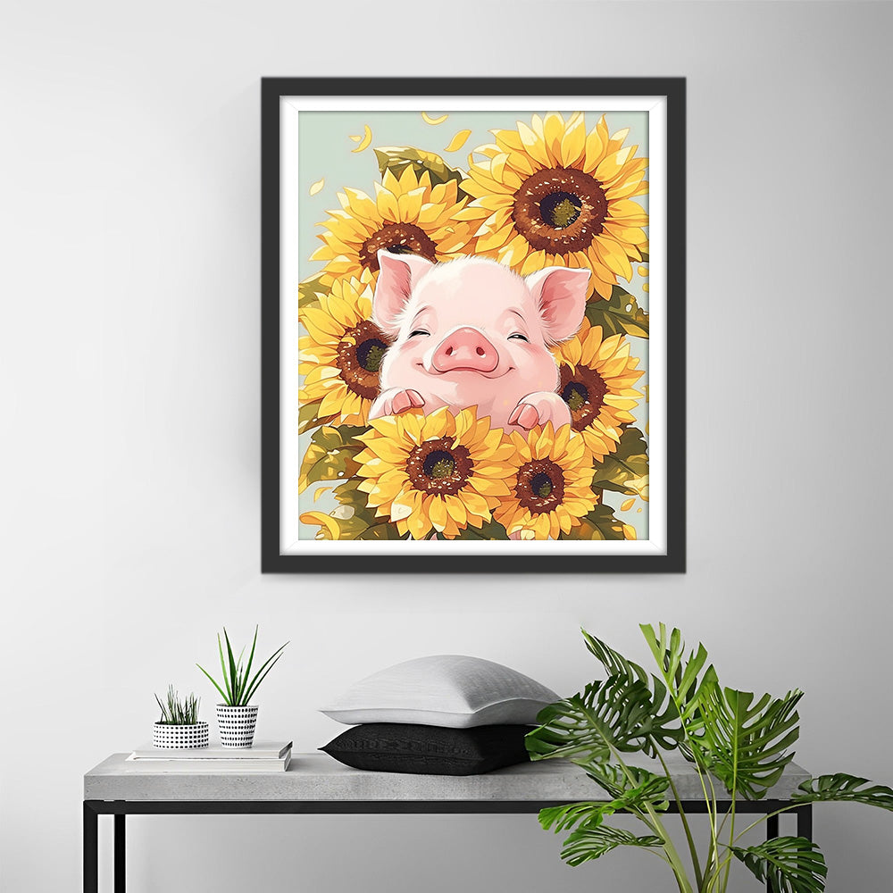 Cochon dans le Buisson de Tournesols Broderie Diamant
