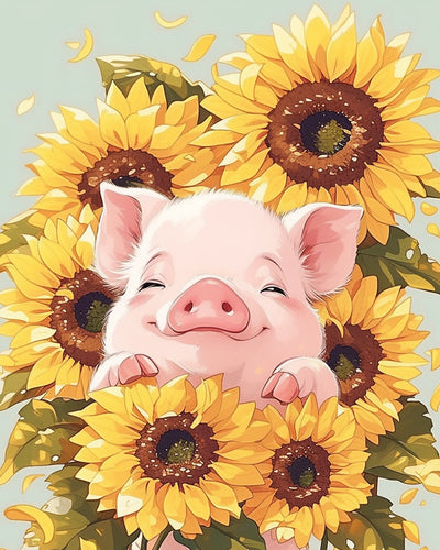 Cochon dans le Buisson de Tournesols Broderie Diamant