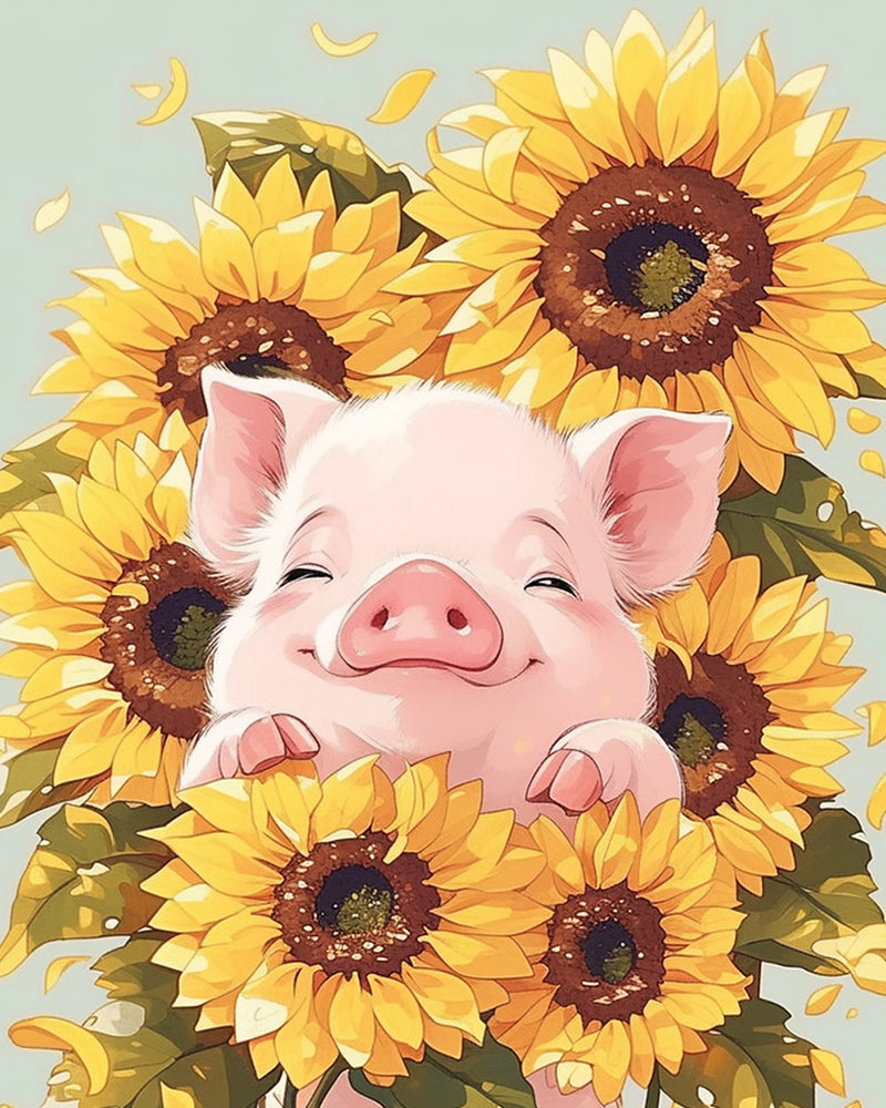 Cochon dans le Buisson de Tournesols Broderie Diamant