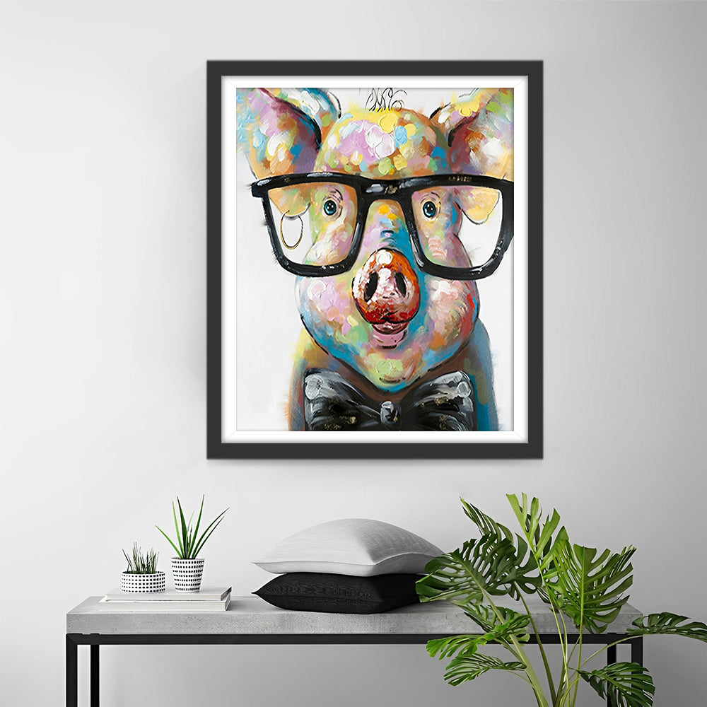 Cochon Dessin Animé avec Lunettes Broderie Diamant