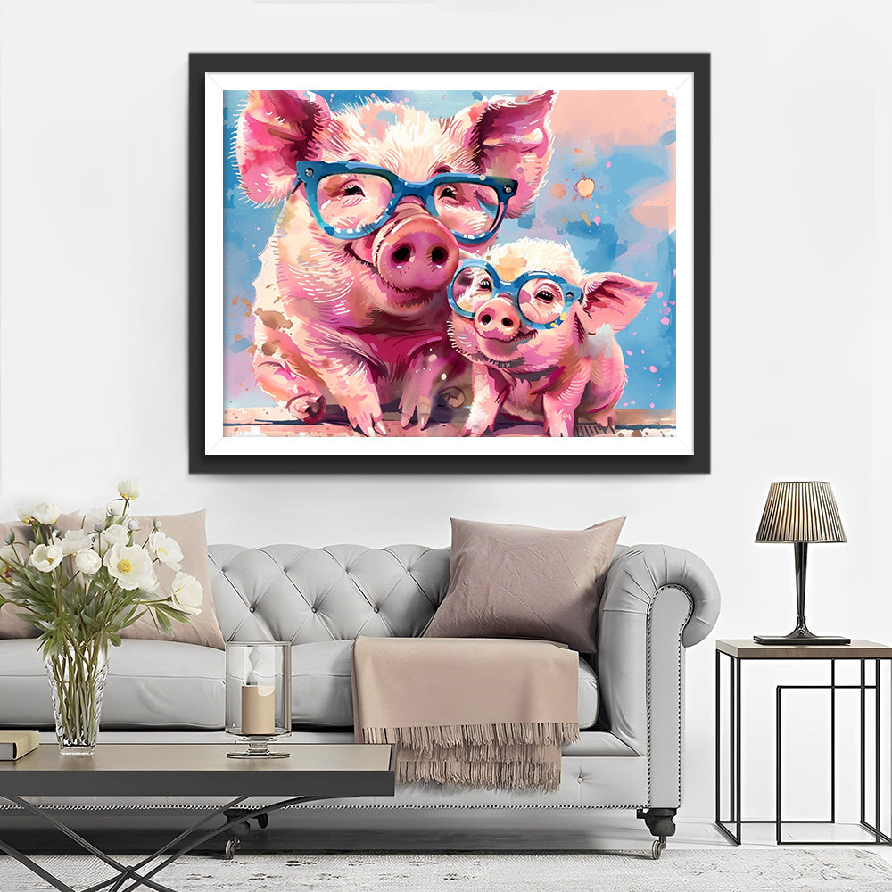 Cochons Roses avec des Lunettes Broderie Diamant