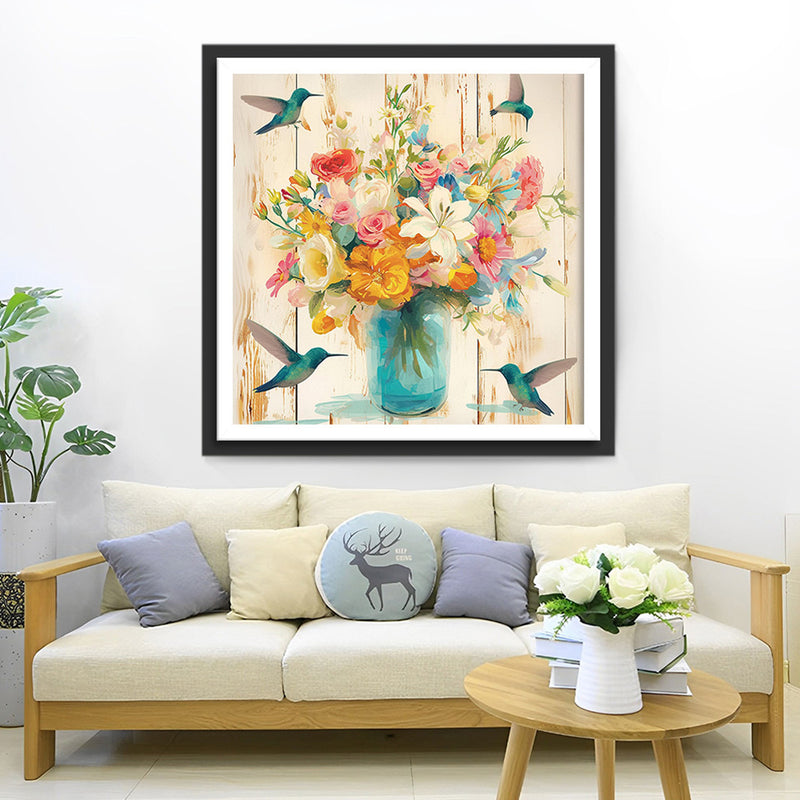 Colibris Verts et Bouquet de Fleurs Broderie Diamant