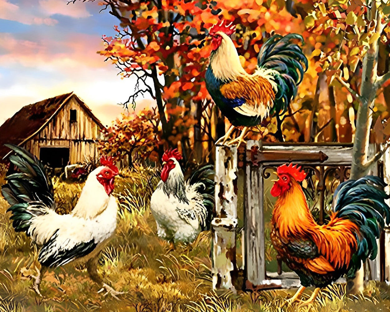 Coqs à la Ferme Broderie Diamant