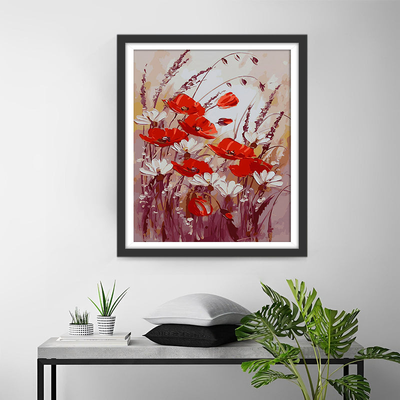 Coquelicot Rouge et Fleurs Blanches Broderie Diamant