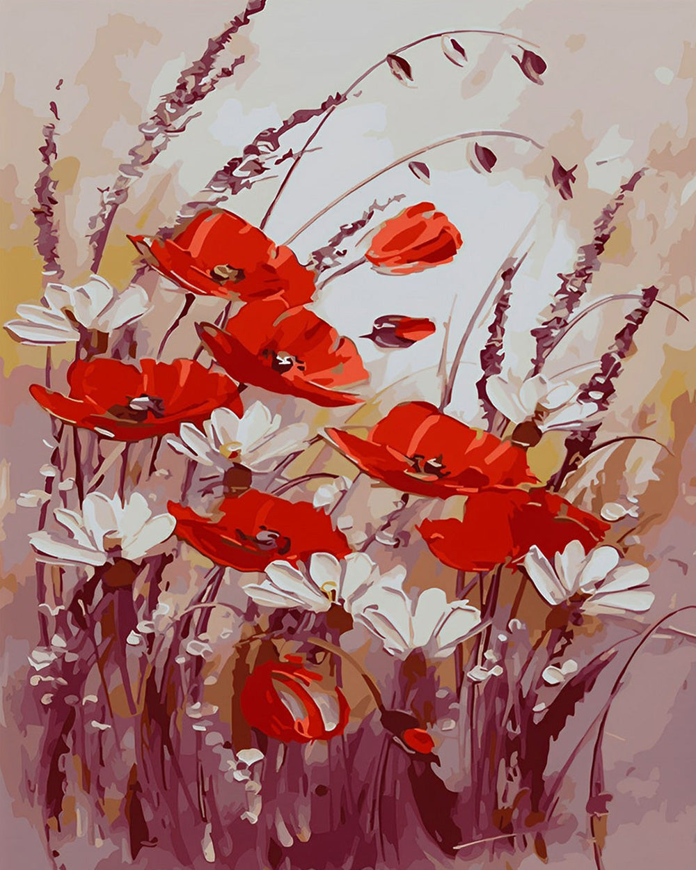 Coquelicot Rouge et Fleurs Blanches Broderie Diamant