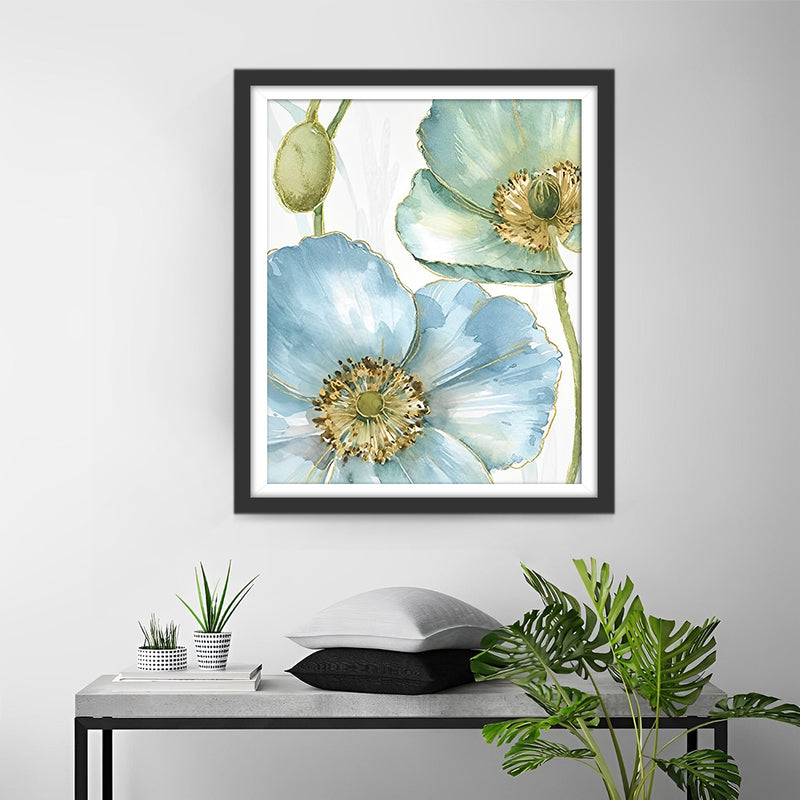 Coquelicots Bleus et Verts avec Bourgeons Broderie Diamant