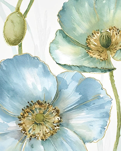 Coquelicots Bleus et Verts avec Bourgeons Broderie Diamant
