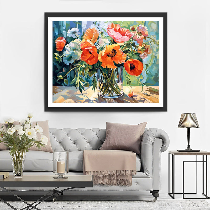 Coquelicots Colorés dans un Vase en Verre Broderie Diamant