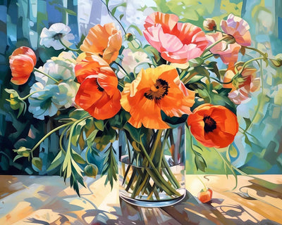 Coquelicots Colorés dans un Vase en Verre Broderie Diamant