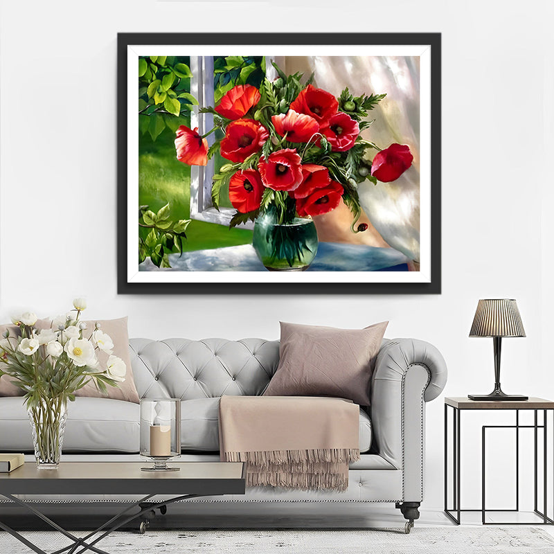 Coquelicots dans un Vase en Verre près de la Fenêtre Broderie Diamant