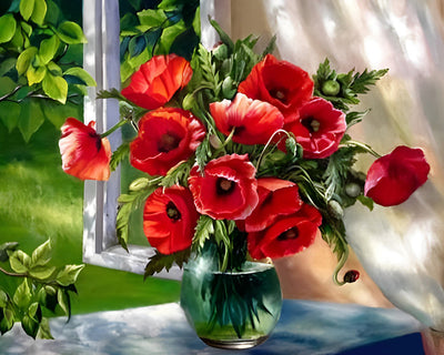 Coquelicots dans un Vase en Verre près de la Fenêtre Broderie Diamant