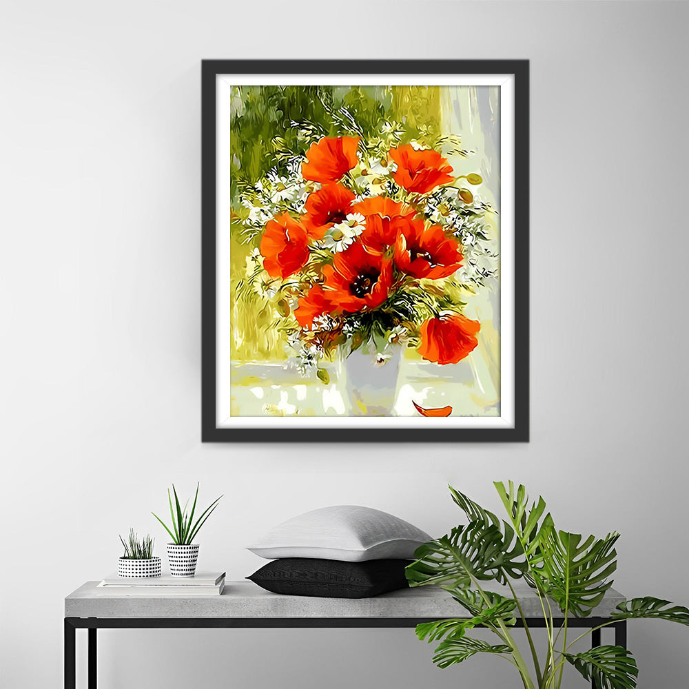 Coquelicots et Marguerites sur le Rebord de Fenêtre Broderie Diamant