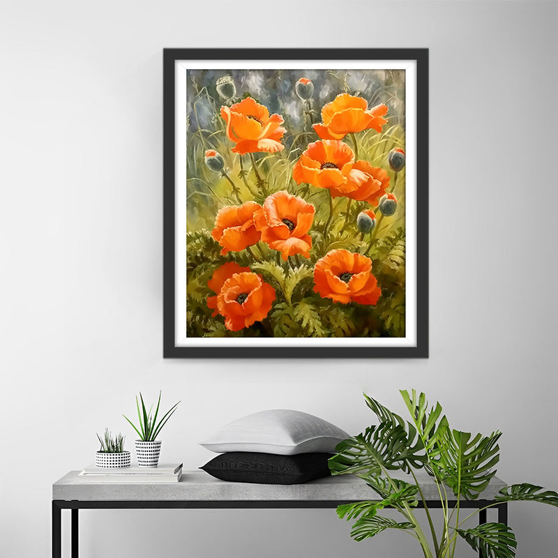 Coquelicots Oranges avec Bourgeons Broderie Diamant