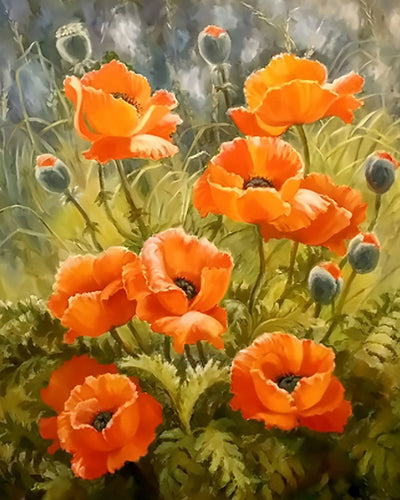 Coquelicots Oranges avec Bourgeons Broderie Diamant