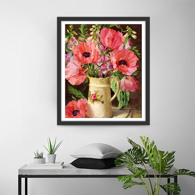 Coquelicots Roses dans un Vase Jaune Broderie Diamant