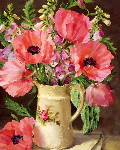 Coquelicots Roses dans un Vase Jaune Broderie Diamant