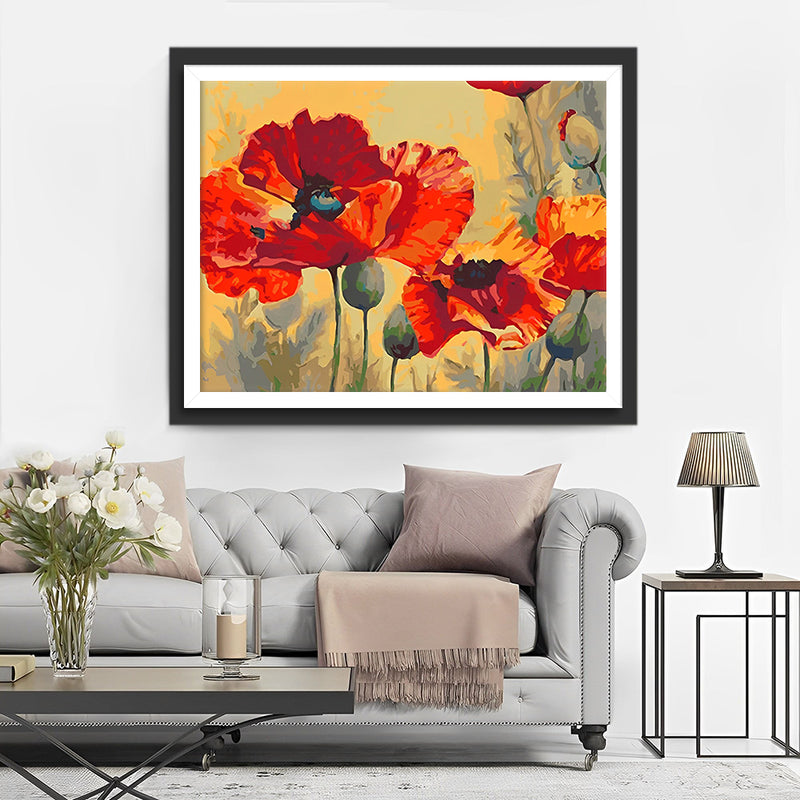 Coquelicots Rouges et Bourgeons Verts Broderie Diamant