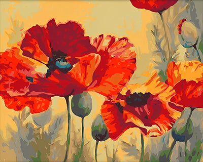 Coquelicots Rouges et Bourgeons Verts Broderie Diamant