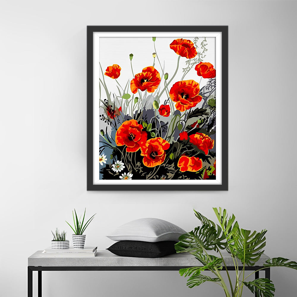 Coquelicots Rouges Style Encre Broderie Diamant