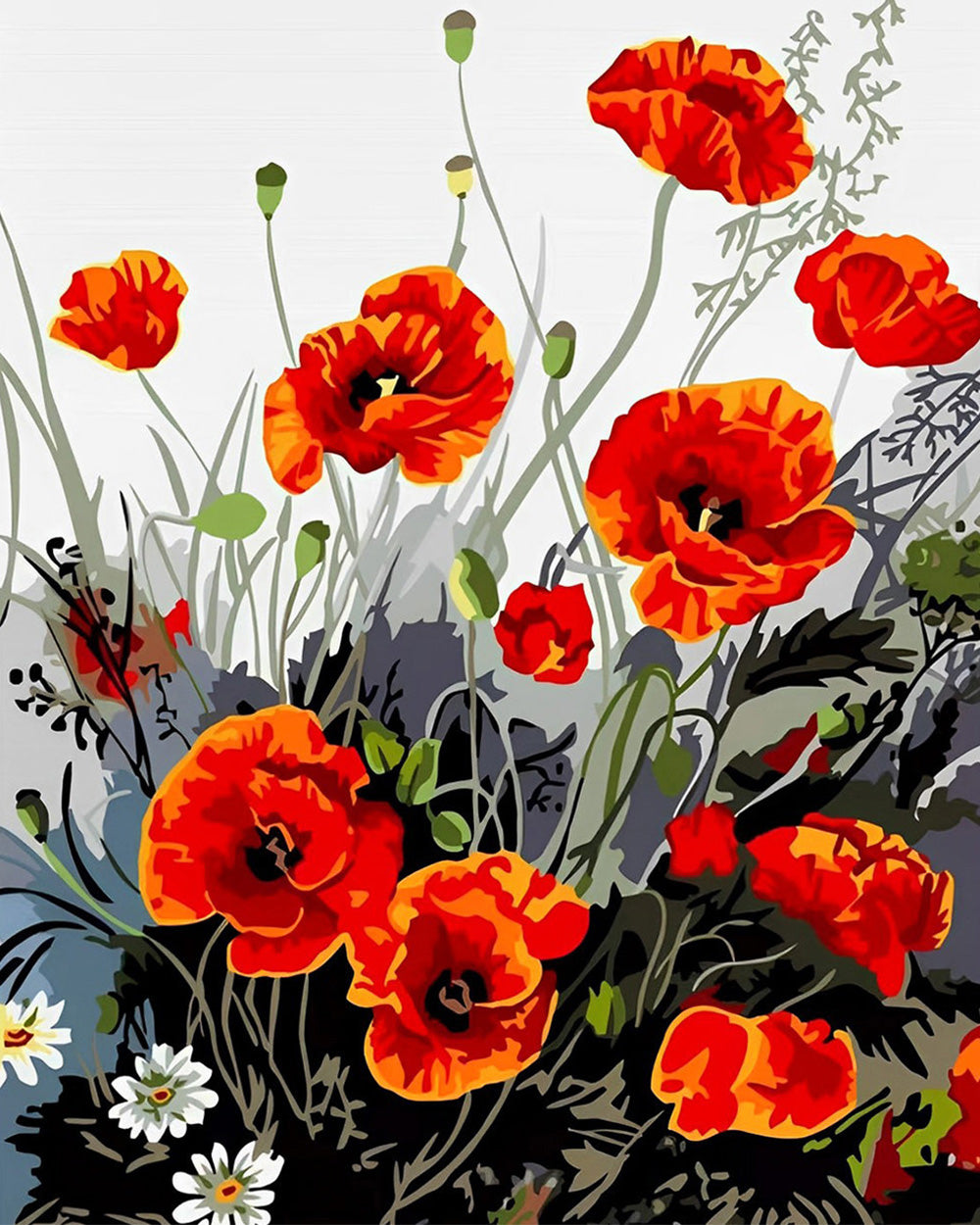 Coquelicots Rouges Style Encre Broderie Diamant