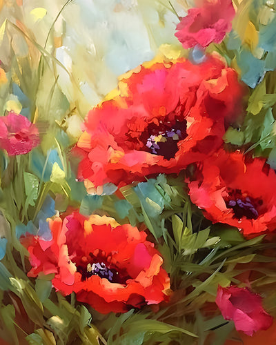 Coquelicots Sauvages Rouges et Bourgeons Broderie Diamant