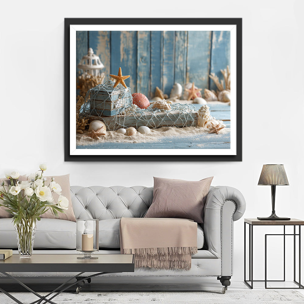 Coquillages et Étoiles de Mer sur la Plage Broderie Diamant