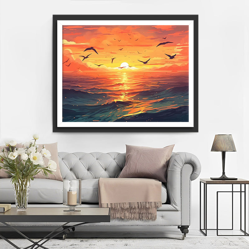 Coucher de Soleil et Mouettes Broderie Diamant