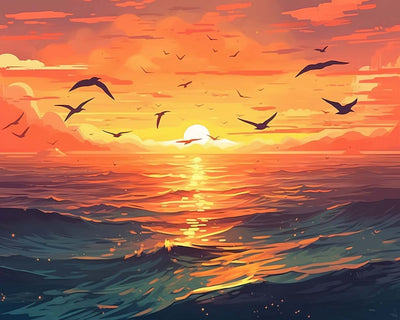 Coucher de Soleil et Mouettes Broderie Diamant