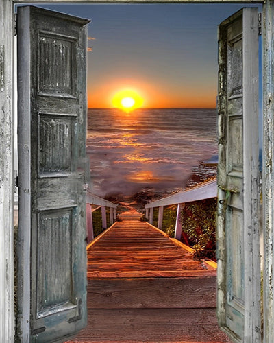 Coucher de Soleil sur la Mer devant la Porte en Bois Broderie Diamant
