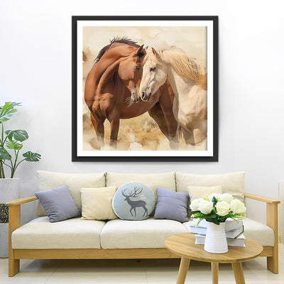 Couple de Chevaux Marron et Blanc Broderie Diamant