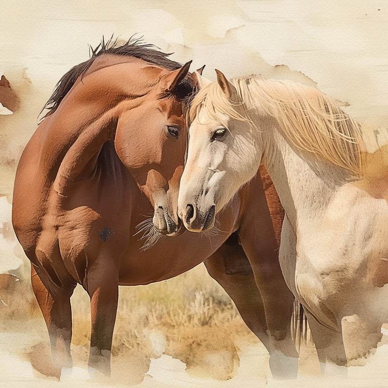Couple de Chevaux Marron et Blanc Broderie Diamant