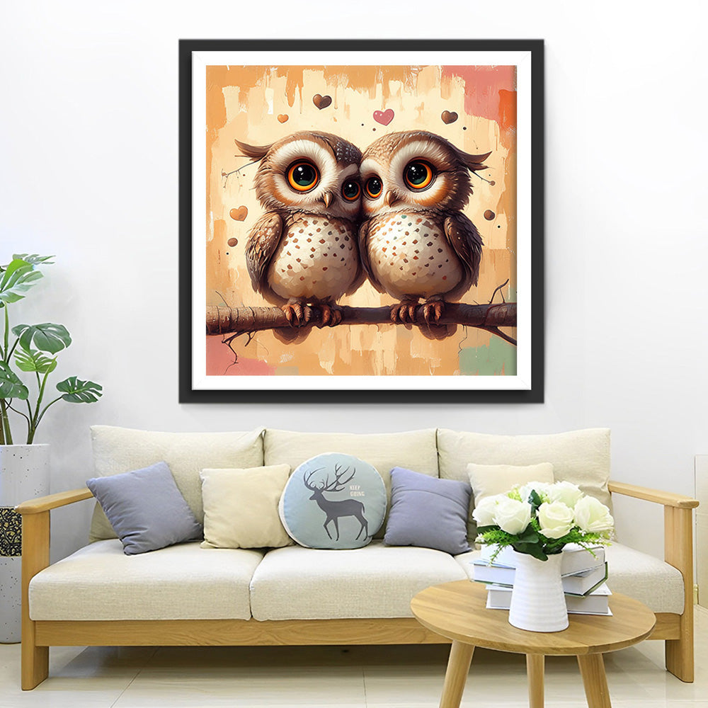 Couple de Chouettes Amoureuses sur une Branche Broderie Diamant