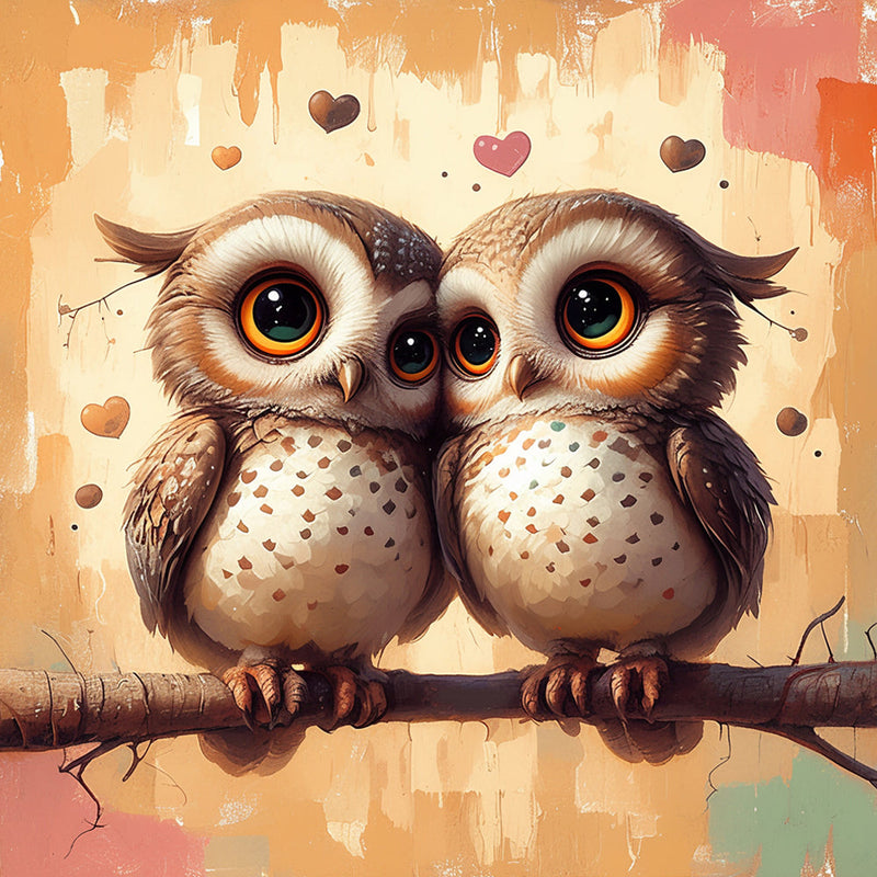 Couple de Chouettes Amoureuses sur une Branche Broderie Diamant