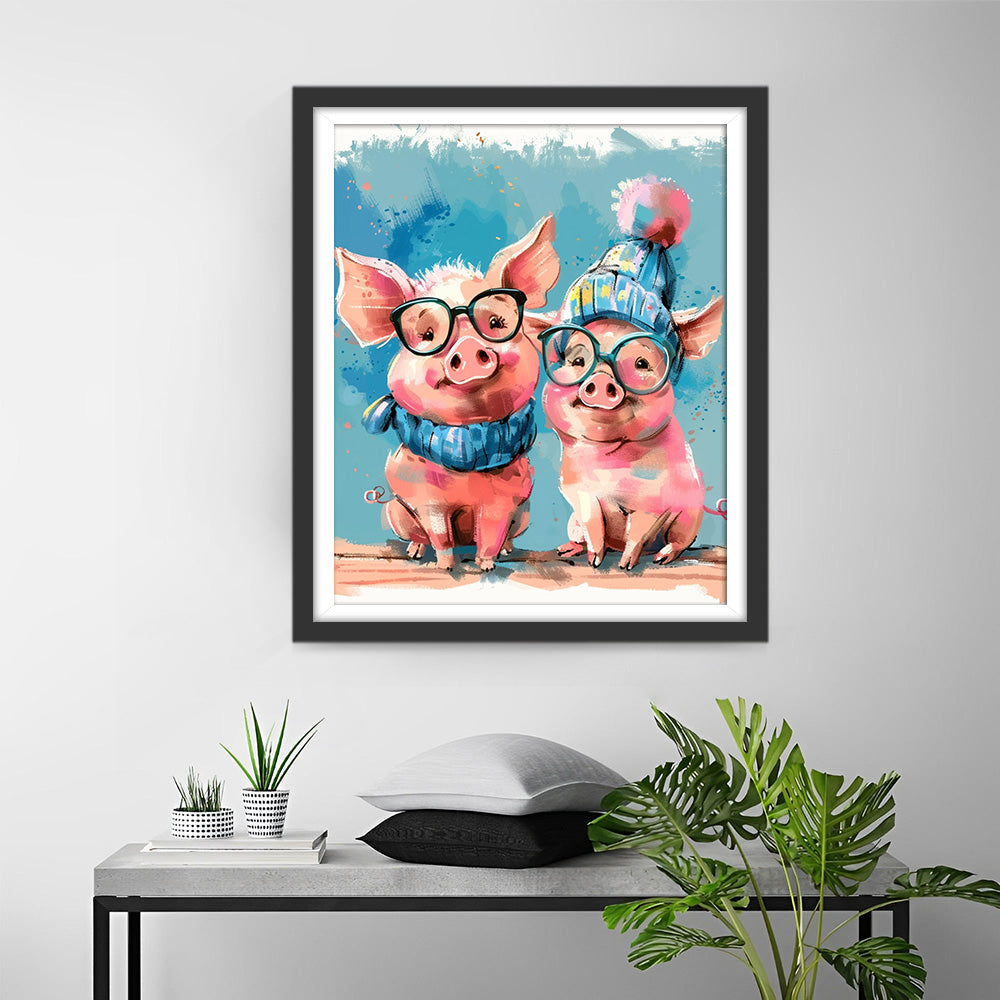 Couple de Cochons avec Lunettes Broderie Diamant